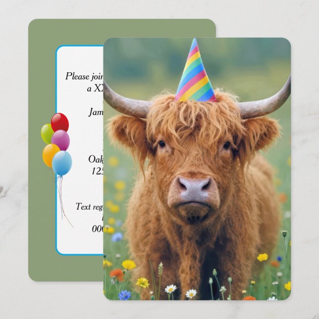 Birthday Highland Cow with Party Hat Invitation (Front/Back)