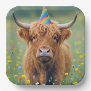 Birthday Highland Cow with Party Hat Paper Plates