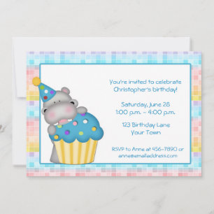 Birthday Hippo and Cupcake Invitation