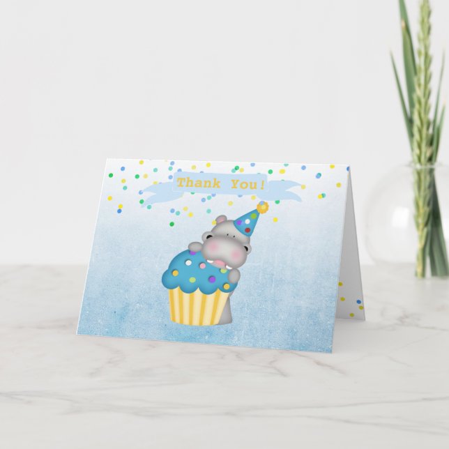 Birthday Hippo Blue Confetti Thank You Note (Front)