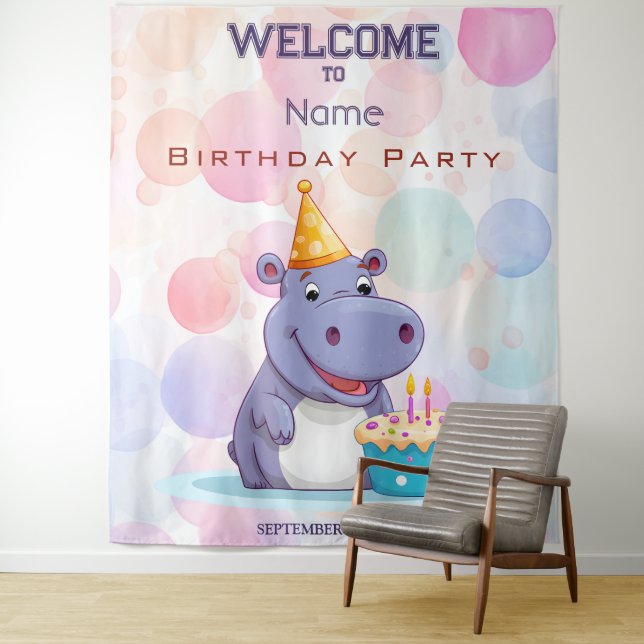 Birthday Hippo Party Backdrop (In Situ)