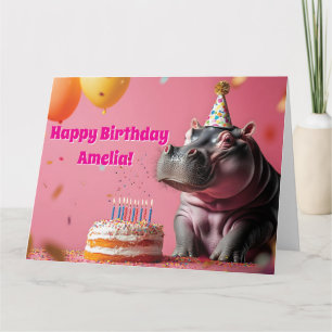 Birthday Hippo with Cake and Balloons Card