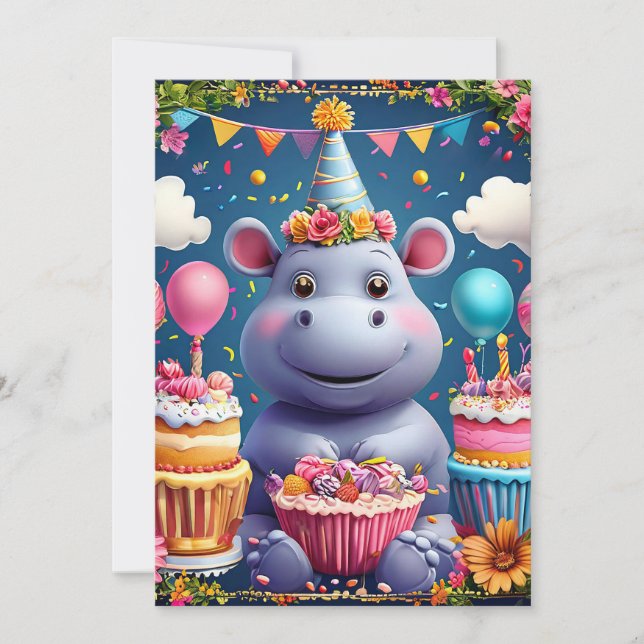 Birthday hippo with cake and balloons invitation (Front)