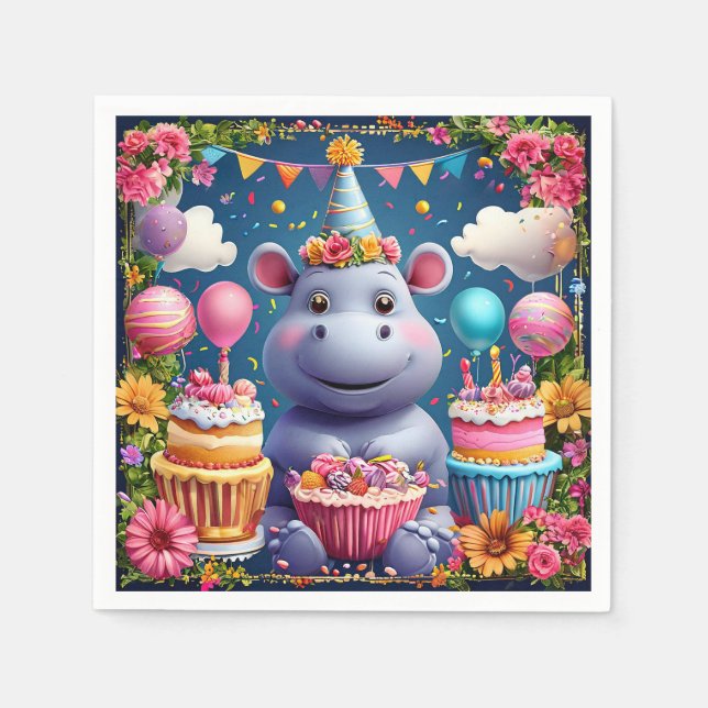Birthday hippo with cake and balloons napkins (Front)