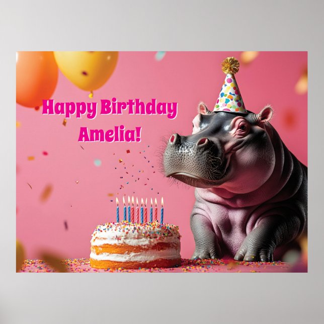 Birthday Hippo with Cake and Balloons Poster (Front)