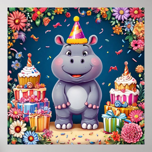 Birthday hippo with cake and balloons poster (Front)