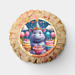 Birthday hippo with cake and balloons reese's peanut butter cups