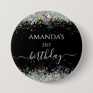 Birthday holographic glitter custom name black button