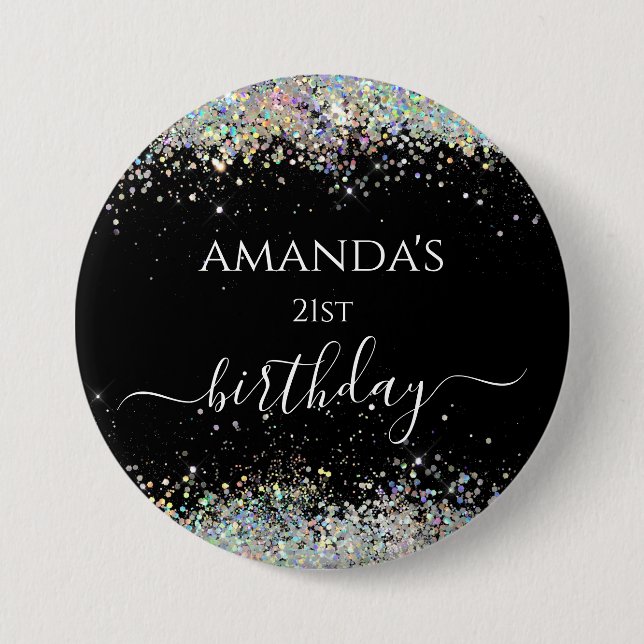 Birthday holographic glitter custom name black button (Front)