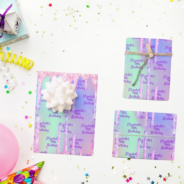 Birthday holographic pink glitter drips name wrapping paper sheets (Creator Uploaded)