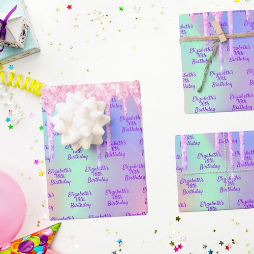 Birthday holographic pink glitter drips name wrapping paper sheets