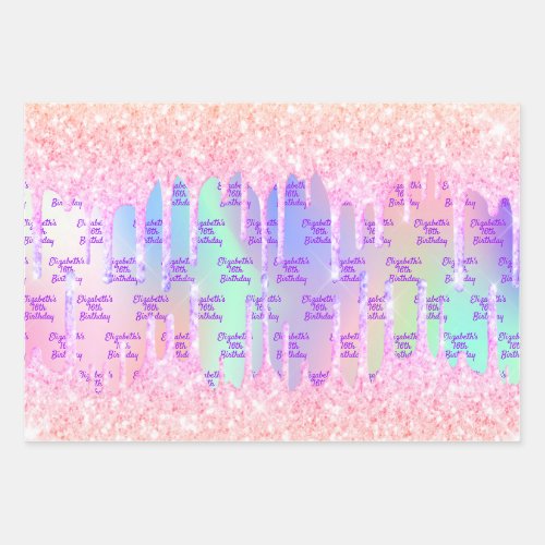 Birthday holographic pink glitter drips name wrapping paper sheets
