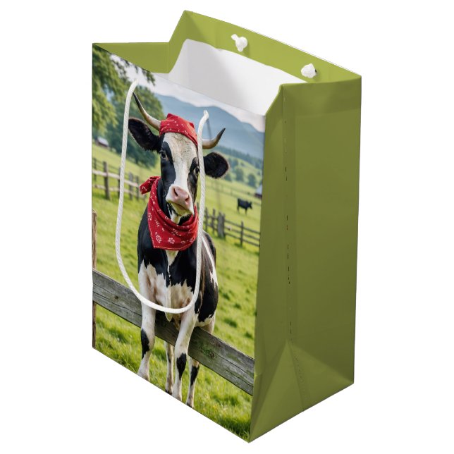 Birthday Holstein On a Farm Fence Medium Gift Bag (Front Angled)