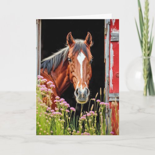 Birthday Horse In Barn Door With Wildflowers Card