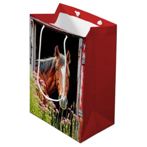 Birthday Horse In Barn Door With Wildflowers Medium Gift Bag