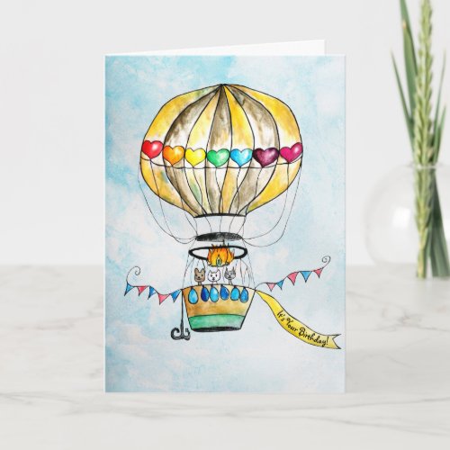 Birthday hot air balloon cute rainbow hearts cats card
