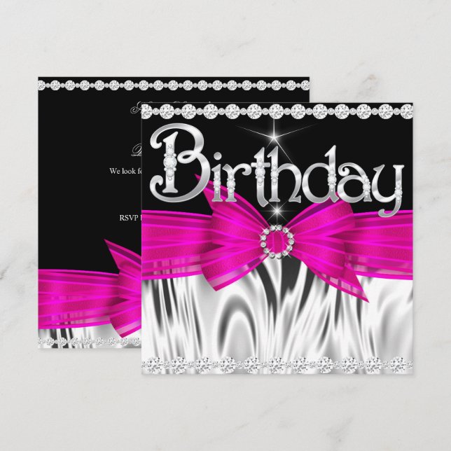 Birthday  Hot Pink Bow Black Silver Party Invitation (Front/Back)