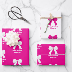 Birthday hot pink bow white girl wrapping paper sheets