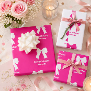 Birthday hot pink bow white girl wrapping paper sheets