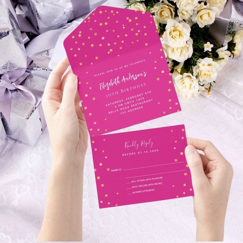 Birthday hot pink gold stars RSVP All In One Invitation