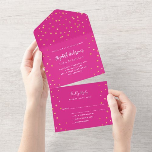 Birthday hot pink gold stars RSVP All In One Invitation