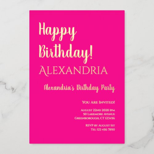 Birthday Hot Pink Happy Birthday Real Gold  Foil Invitation