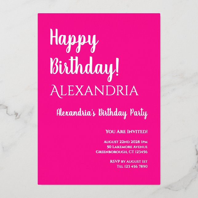 Birthday Hot Pink Happy Birthday Real Silver  Foil Invitation (Front)