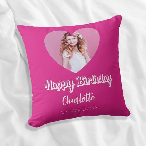 Birthday hot pink photo name script girl throw pillow