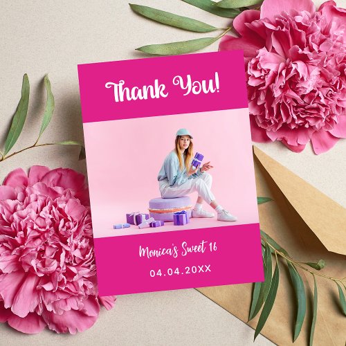 Birthday hot pink photo thank you card