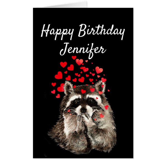 Birthday Hugs & Kisses Raccoon Sweetheart Custom Card (Front)
