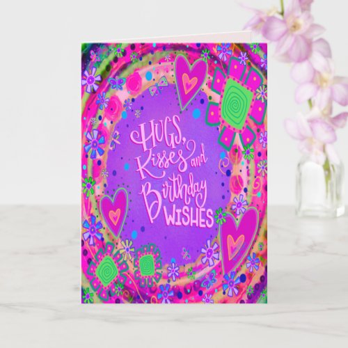 Birthday Hugs Purple Floral Hearts Trendy Card