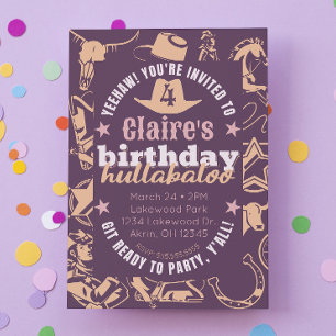 "Birthday Hullabaloo" Kid's Cowgirl Birthday Party Invitation