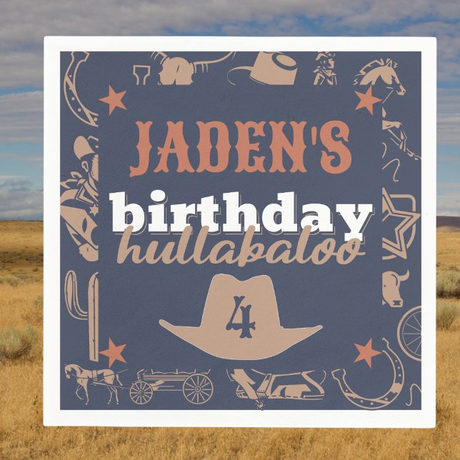 "Birthday Hullabaloo" Western Cowboy Party Napkins (cowboy western Wild West cowboy hat birthday hullabaloo party napkin blue white orange)