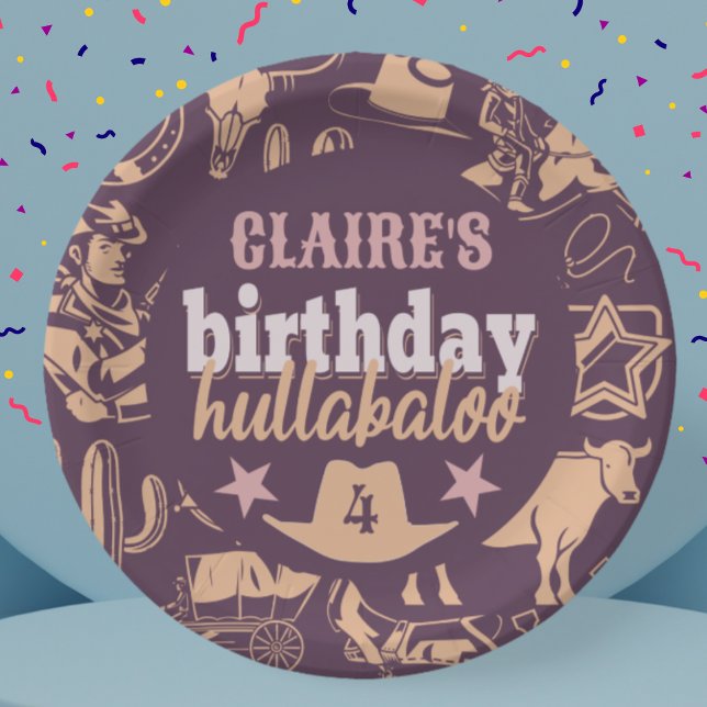 "Birthday Hullabaloo" Western Cowboy Party Paper Plates (birthday hullabaloo plates western cowboy theme with custom name and age purple orange pink colors)