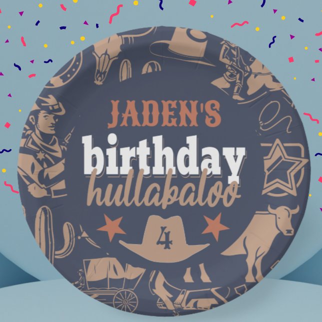 "Birthday Hullabaloo" Western Cowboy Party Paper Plates (birthday hullabaloo cowboy plate western Wild West theme blue orange tan white colors custom name)