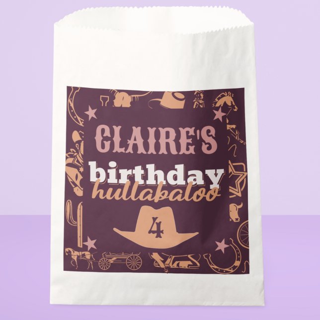 "Birthday Hullabaloo" Western Cowgirl Party Favor Bag (cowgirl birthday hullabaloo cowboy theme western Wild West theme custom name and age purple and pink)