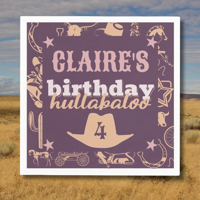 "Birthday Hullabaloo" Western Cowgirl Party Napkins (western cowgirl birthday hullabaloo birthday napkins purple pink orange custom name and age)