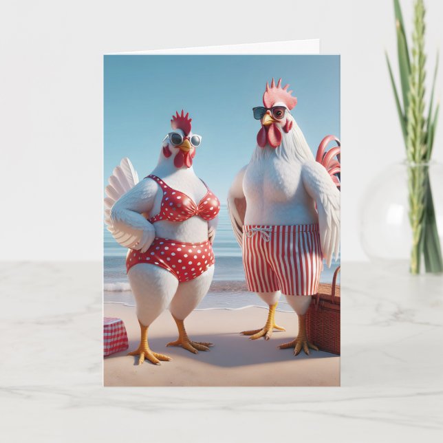 Birthday Humor Chickens On The Beach Card (Front)