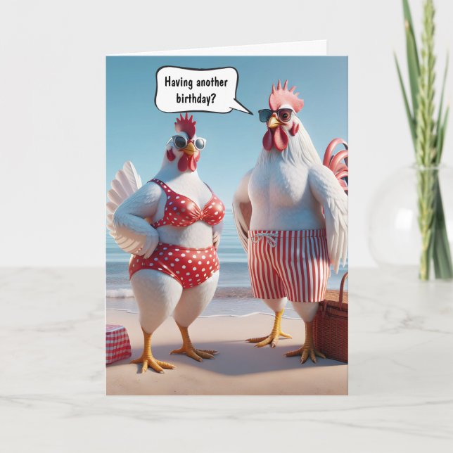 Birthday Humor Chickens On The Beach Card (Front)