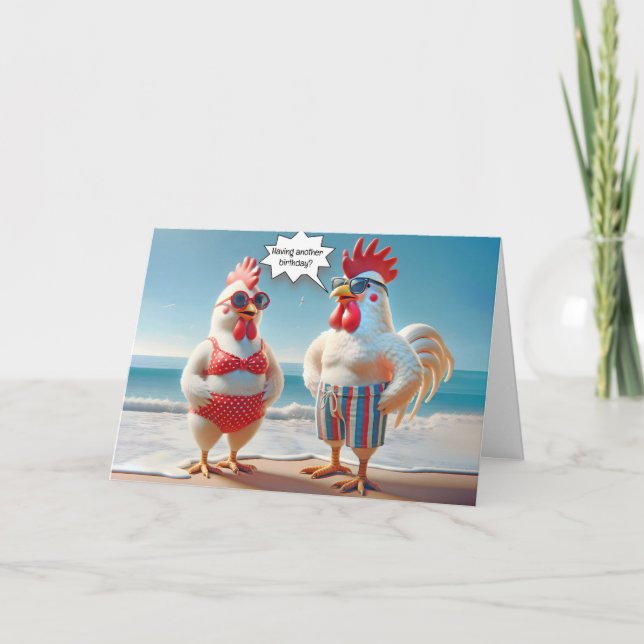 Birthday Humor Chickens On The Beach Card (Front)