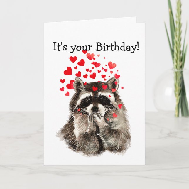 Birthday Humor Cute Raccoon Love Hearts Card (Front)