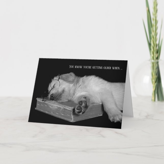 birthday humor-golden retriever puppy on book card (Front)