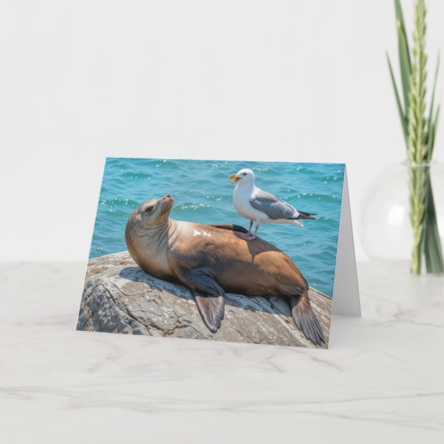 Birthday Humor Seagull Perched On a Sea Lion Card (Front)