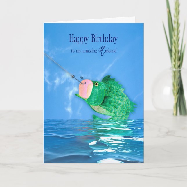 Birthday Husband  He's Catch Lifetime Large Fish Card (Front)