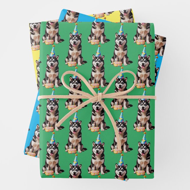 Birthday Husky Dog Wrapping Paper Sheets (In situ)