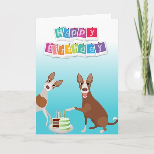 Birthday Ibizan Hound Dog Animal with Cake Card (Front)