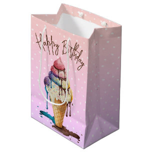 Birthday Ice Cream Cone On Polka Dots Medium Gift Bag