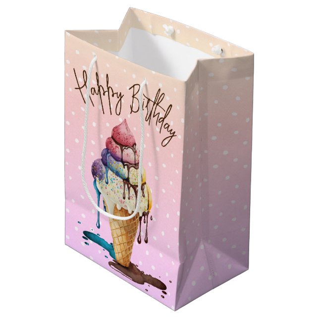 Birthday Ice Cream Cone On Polka Dots Medium Gift Bag (Front Angled)