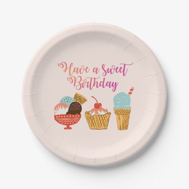 Birthday Ice Cream Illustration Paper Plates (Front)