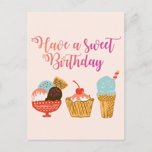 Birthday Ice Cream & Sundae Girly Illustration Postcard